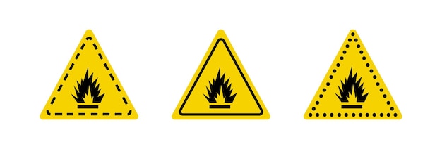 Vettore icone di segnale di triangolo di fuoco triangoli gialli piatti con segnali di avvertimento di incendio icone vettoriali
