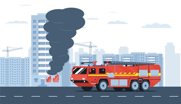 A fire truck drives towards a burning apartment building vector illustration