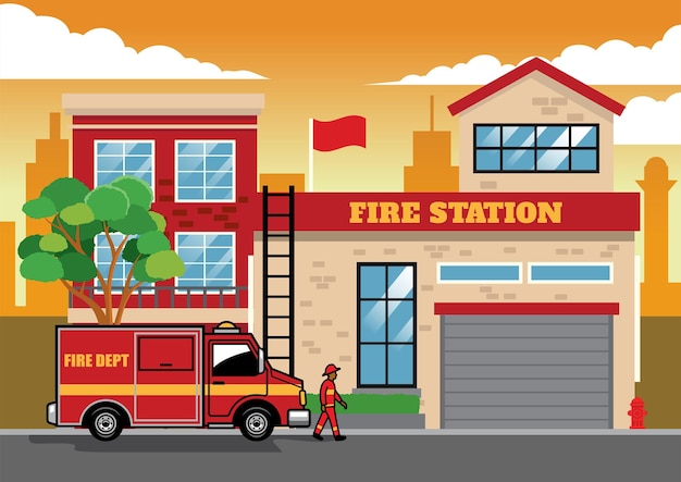 Vector fire truck in fire station