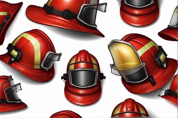 Vector fire truck with equipment firefighter characters with red rescue transport extinguisher hydrant