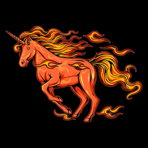 Unicorno di fuoco con corna e capelli che bruciano senza fiamma e fuoco ardente che corre veloce come un fulmine