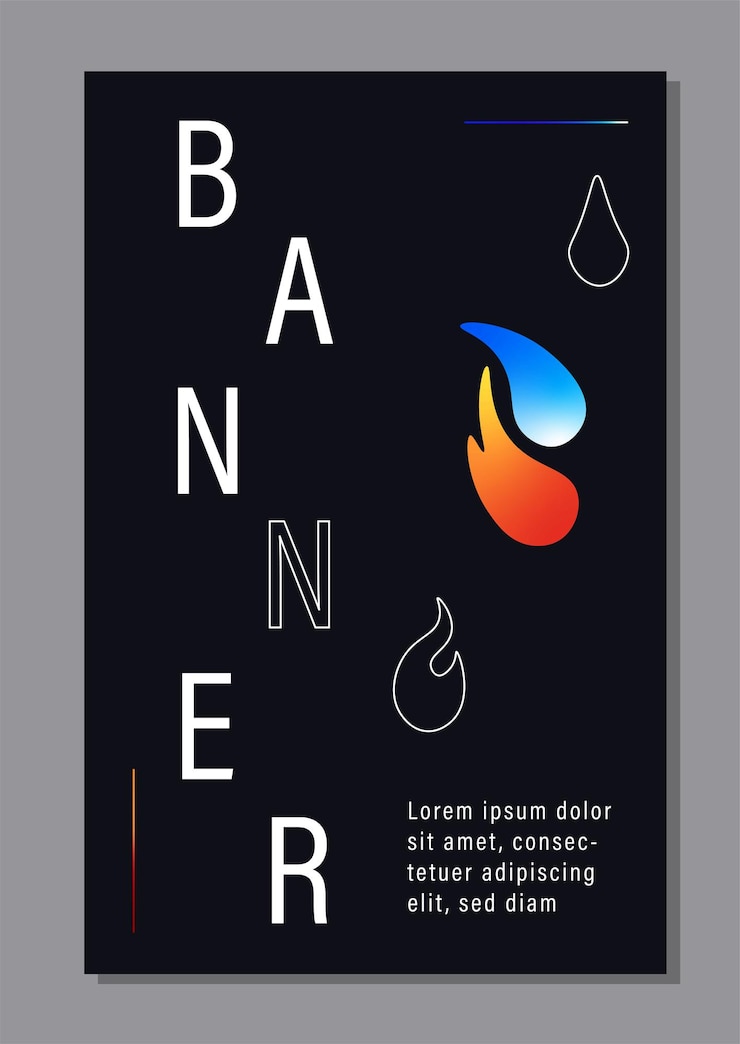 Vector fire and water black banner concept abstract art object nature elements in minimalistic style poster or cover for website cartoon flat vector illustration isolated on grey background
