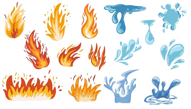 Fire and water set Flames of different shapes Different Water Drops Vector cartoon illustration isolated on the white background