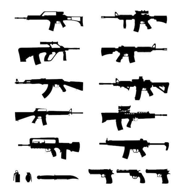 firearms weapons guns black silhouette set vector illustration