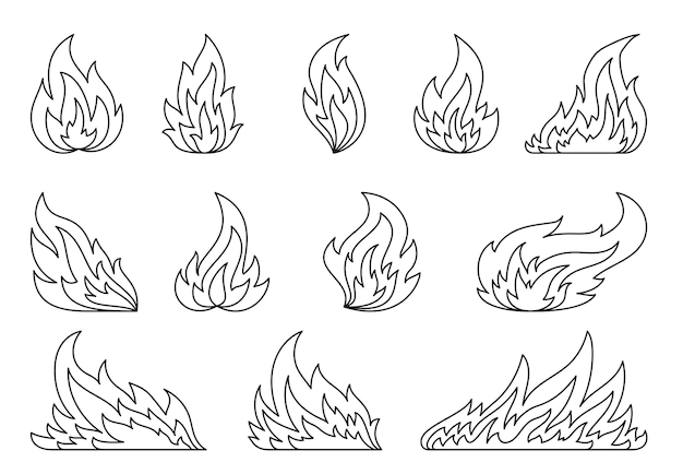 Palla di fuoco fiamma fuoco caldo segni lineari fuoco di accampamento infuocato linea nera set di icone furiosa combustione infiammabile clipart piatto pericoloso gas naturale ardente bruciare falò a macchia d'olio su bianco pagina da colorare