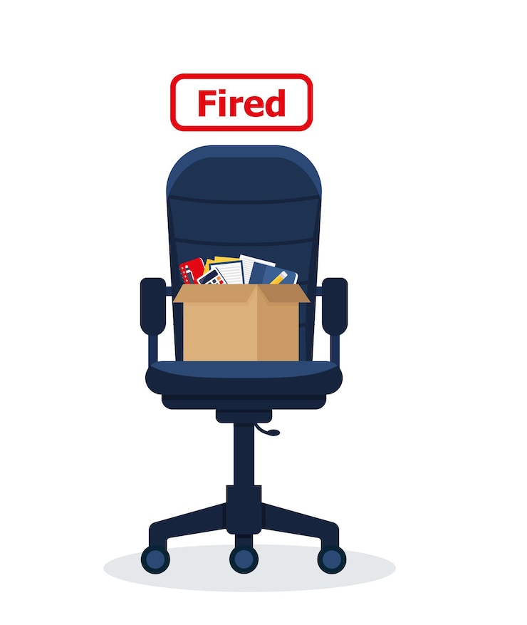Vector fired. business chair with box with office things. unemployment, crisis, job cuts reduction. loss of vacancy. eps 10
