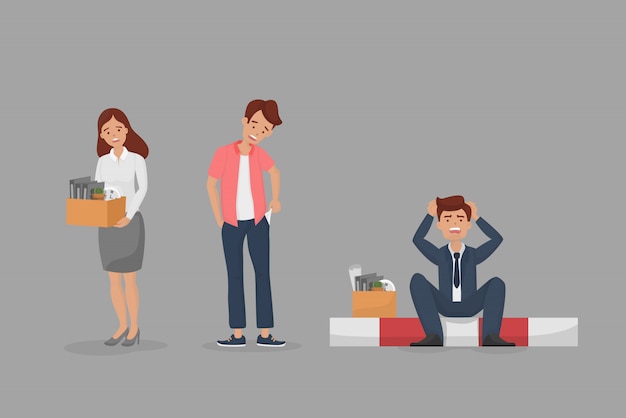 Vector fired characters set concept. unemployed sad female employee, employees man showing empty pocket with no money and unemployed manager