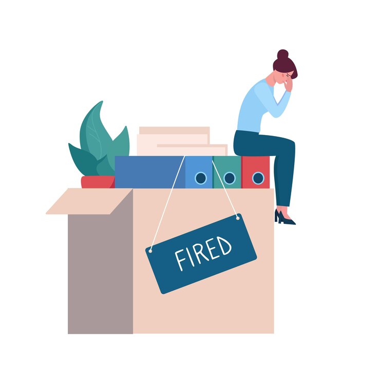 Vector fired woman crying  in the office on the box with things