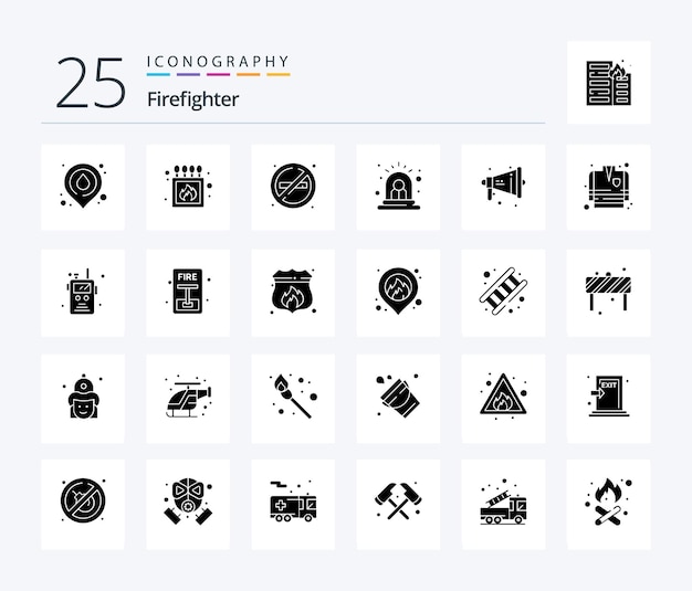 Firefighter 25 Solid Glyph icon pack inclusief megafoon sirene brandgevaar alarm