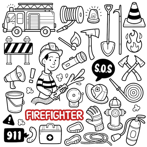 Vector firefighter equipments black and white doodle illustration