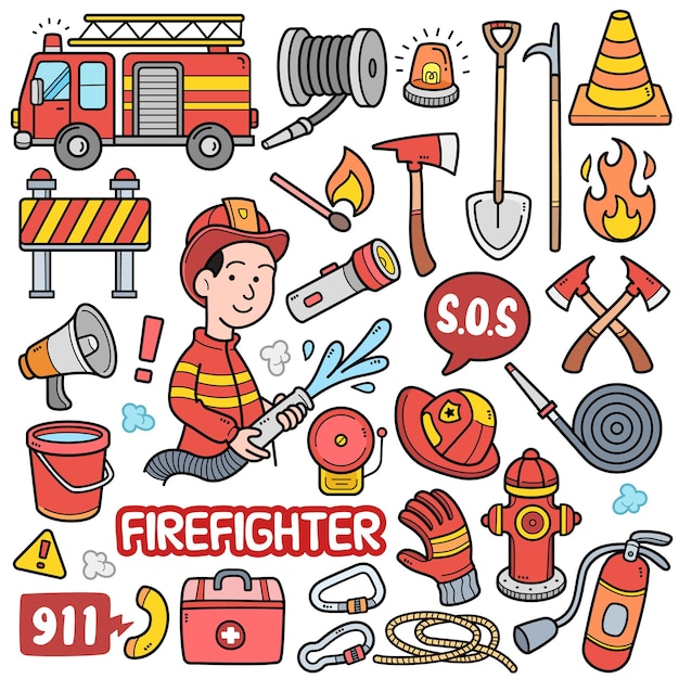 Firefighter equipments colorful vector graphics elements and doodle illustrations