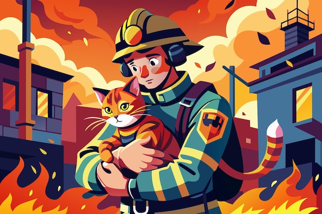 Пожарный, измученный, но триумфальный, выходит из горящего здания с спасенной кошкой на руках.