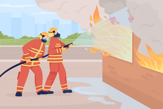 Vector firefighter extinguishing building fire flat color vector illustration