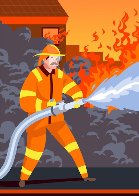 Vector firefighter holding hose