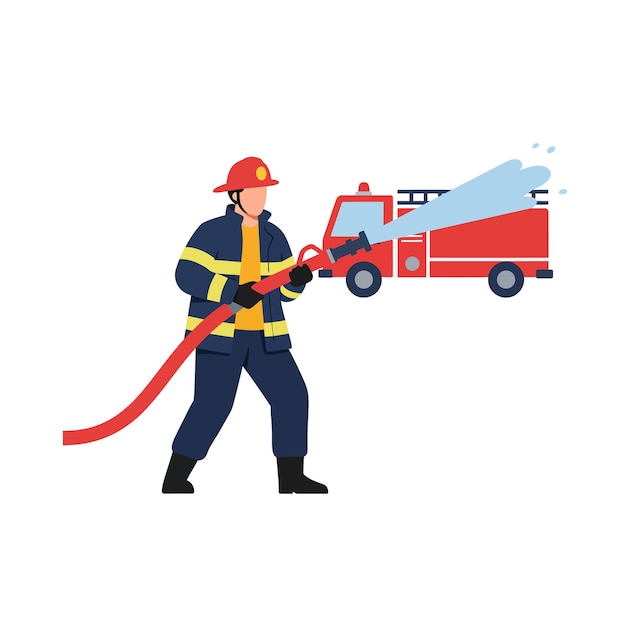 firefighter in action with hose and fire truck in flat vector art