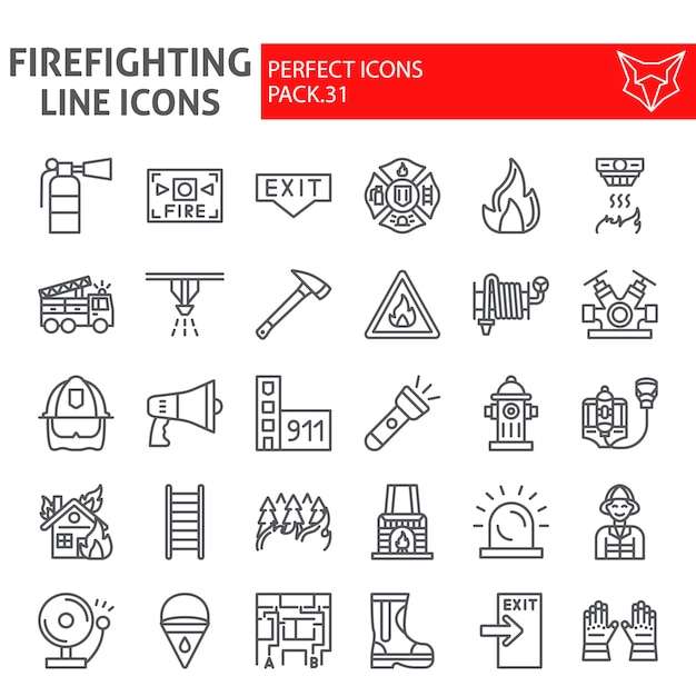 Firefighter line icon set, fireman collection