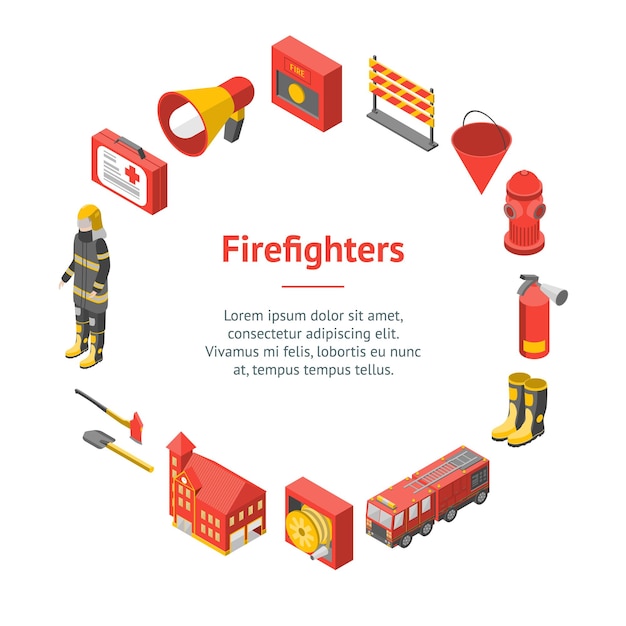 Firefighter Man and Equipment Banner Card Circle Isometric View Include of Hose Extinguisher Hydrant Truck and Alarm Vector illustration