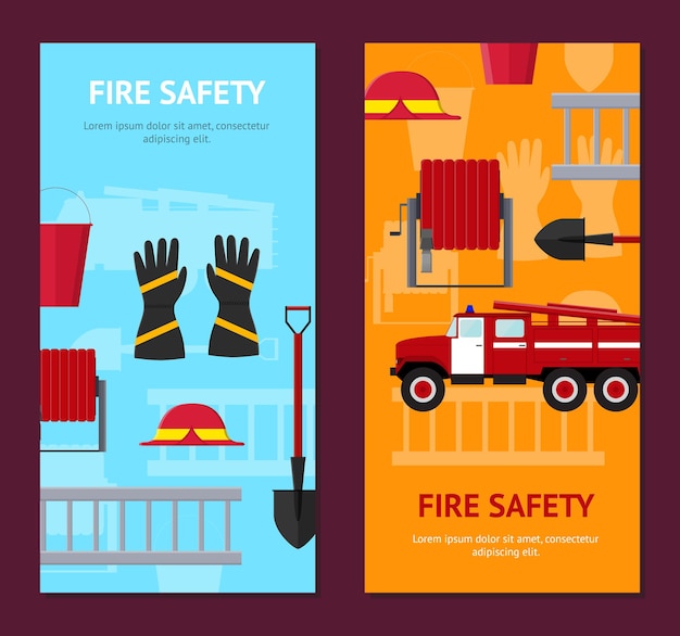 Vector firefighter profession equipment and tools banner vecrtical set. flat design style. vector illustration