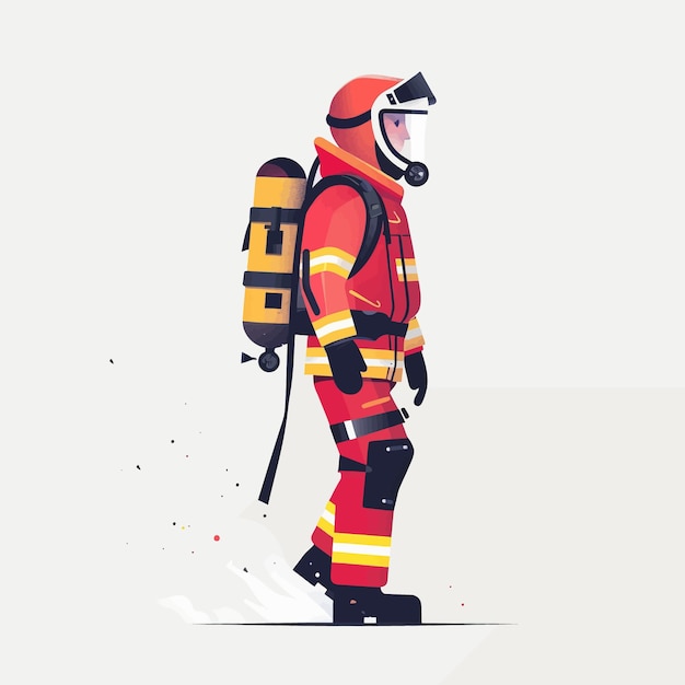 A firefighter in a red suit and yellow backpack is walking on a white background