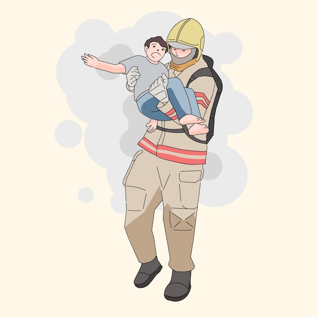 Вектор Пожарный спасает детей от дыма от жары