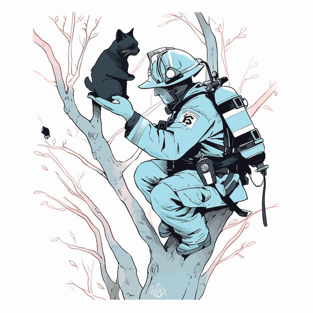 A firefighter rescuing a cat stuck in a tree vector illustration