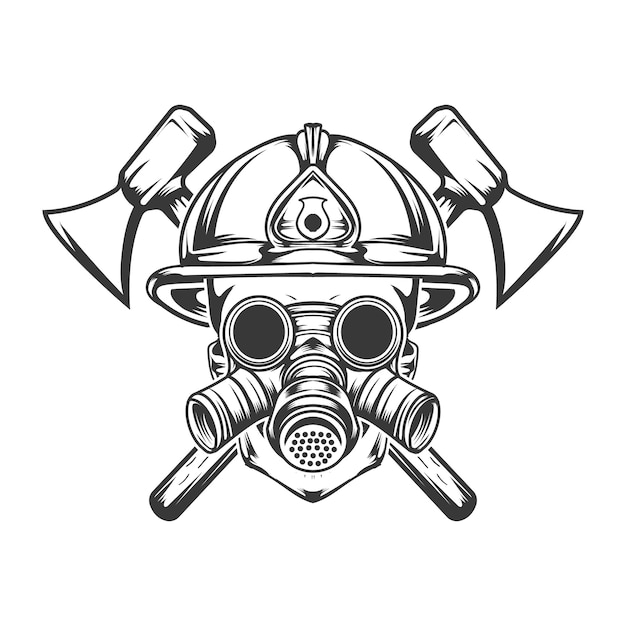 firefighter skull helmet and mask axe in background vector design