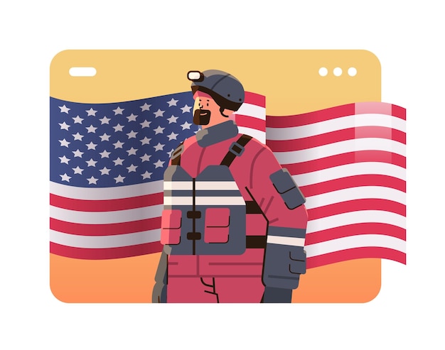 firefighter in uniform fireman with firefighting equipment emergency service happy labor day celebration concept horizontal vector illustration