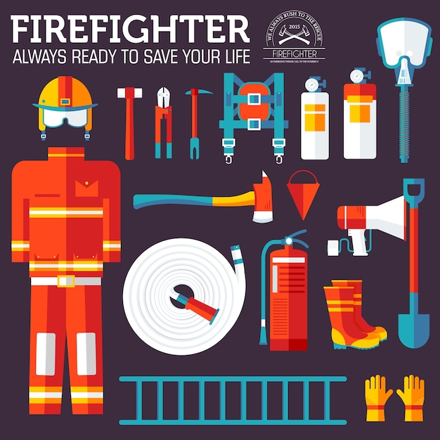 Firefighter uniform and first help equipment and instruments