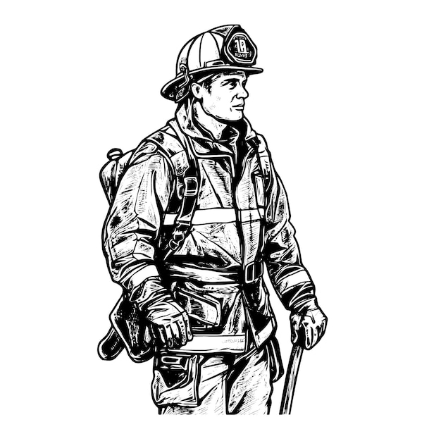 Vector firefighter vector drawing isolated hand drawn object engraved style illustration