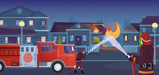 Firefighters city flat composition with town landscape with burning living house and truck with water stream