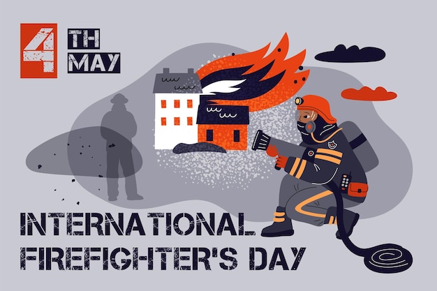 Firefighters Day poster Internationale professionele vakantie Hulpdienst Brandblussers die brand bestrijden en mensen redden Brandweerlieden blussen brandend huis Garish vectorconcept