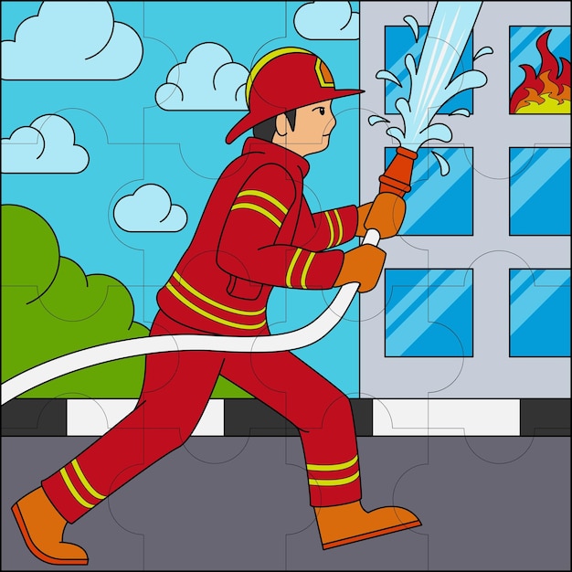 Vector firefighters extinguish the burning building suitable for children's puzzle vector illustration