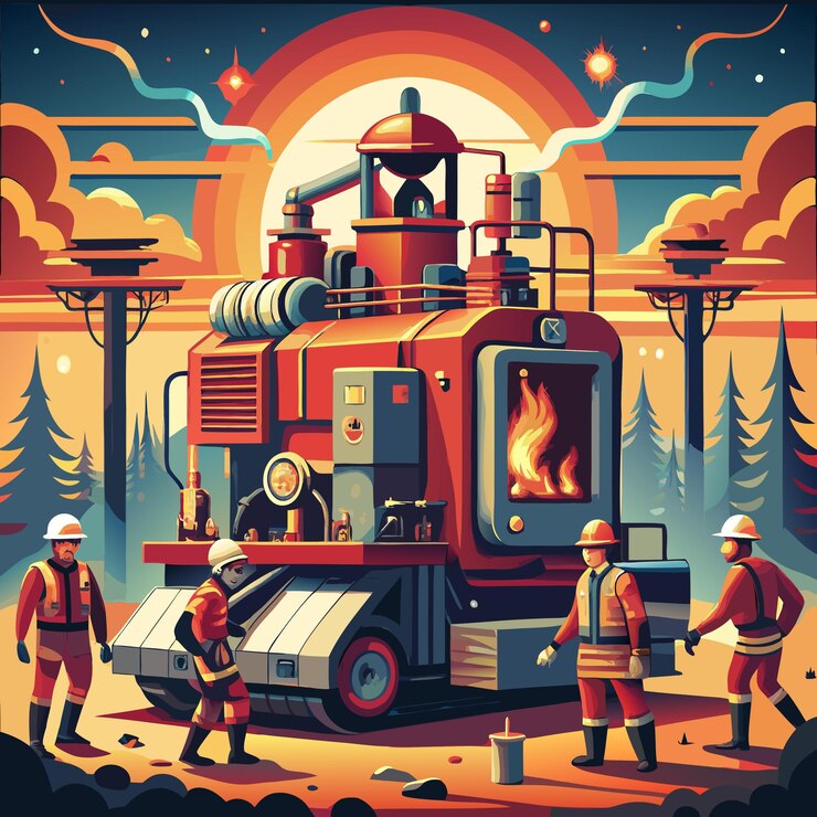 Vector firefighters inspecting a futuristic fire engine