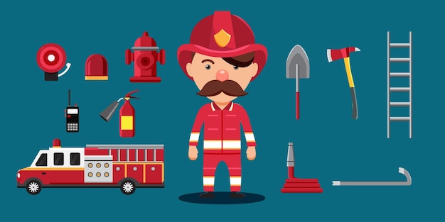 Uomo dei vigili del fuoco con i baffi in uniforme con attrezzatura da lavoro camion dei pompieri pala scaletta ascia tubo dell'acqua estintore walkietalkie in stile cartone animato per illustrazione vettoriale graphic designer