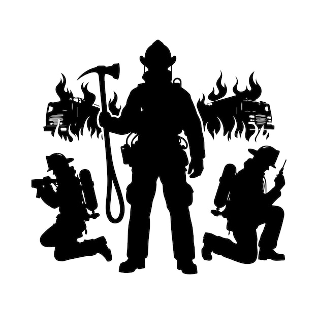 Vettore i vigili del fuoco posano l'illustrazione vettoriale della silhouette.