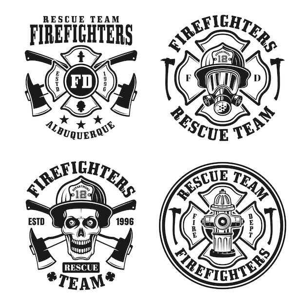 Vector firefighters set of four vector isolated emblems, badges, labels or logos in vintage black and white style