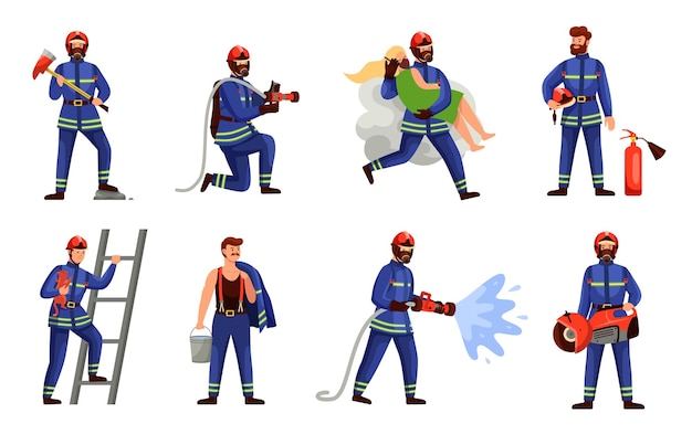 Firefighters situations Firemen saving people and pet hero men with hose extinguisher fighting fire emergency profession dangerous hard work rescue service vector cartoon flat isolated set