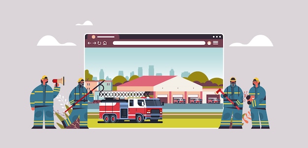 Vector firefighters in uniform near fire station firefighting concept digital fire department in web browser window horizontal