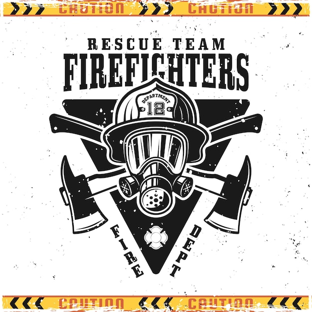 Vector firefighters vector emblem, badge, label or logo in vintage style with head in helmet and gasmask isolated on background with grunge textures on separate layers