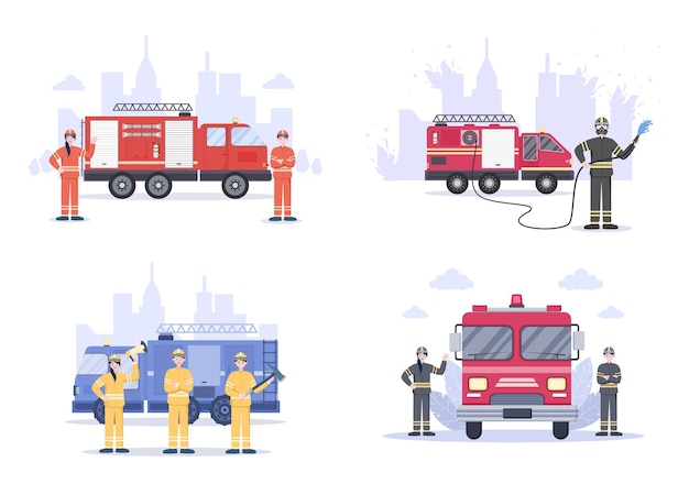 Firefighters With Fire Engines illustrations set