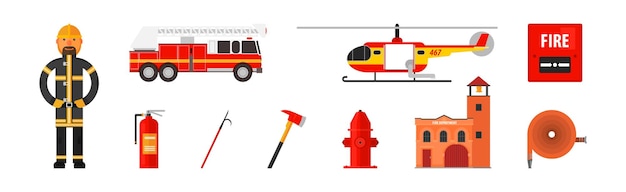 Vector firefighting department with emergency rescue object vector set fire extinguishing equipment concept