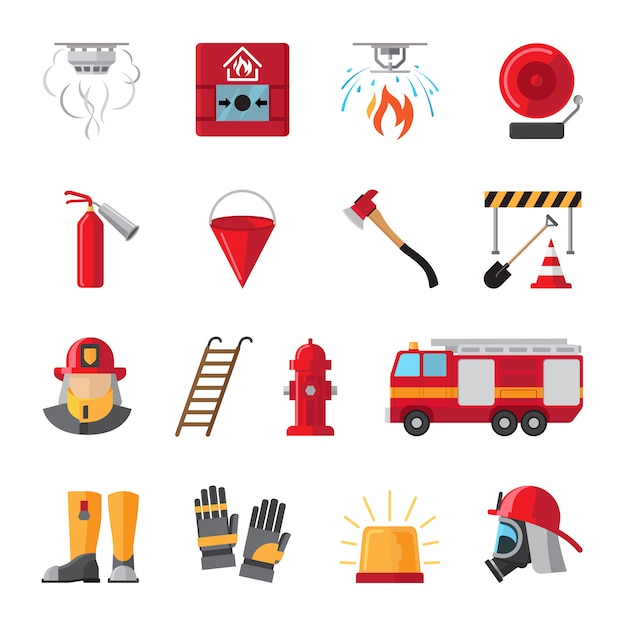 Firefighting and fire safety equipment flat icons