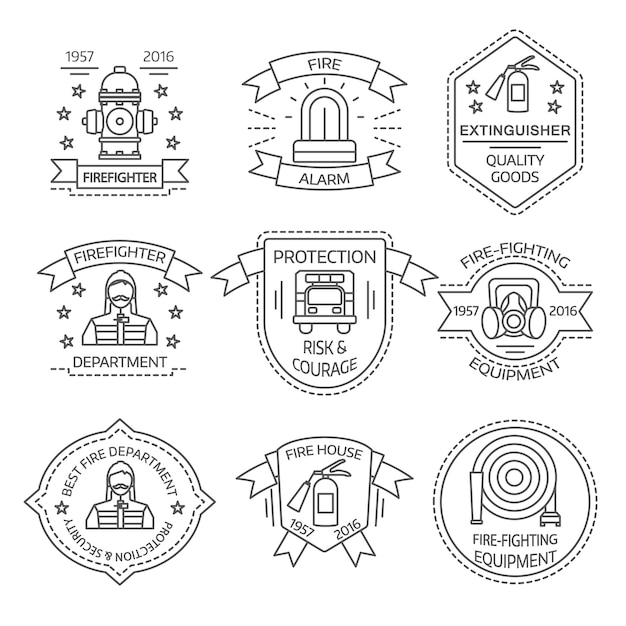 Пожарная линейные эмблемы отделов и магазинов со звездами оборудования человек оборудования изолированных векторные иллюстрации