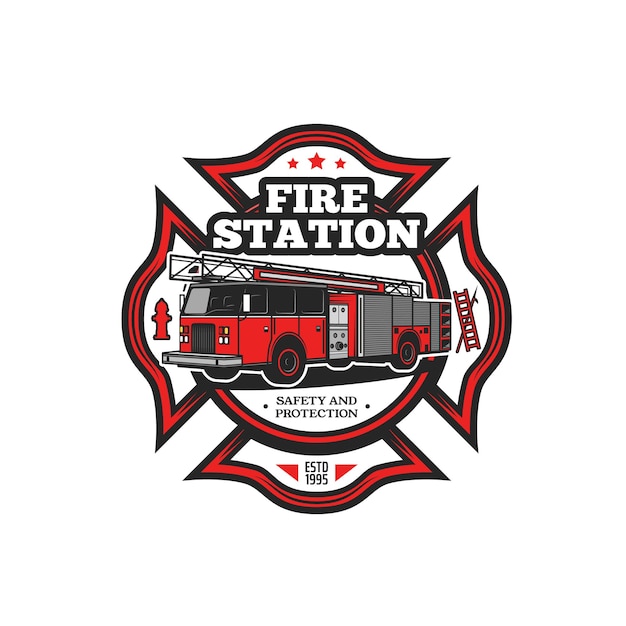 Vector firefighting symbol vector icon with fire truck and firefighter equipment. fire engine, hydrant, fireman ladder and hook isolated red badge of fire department, rescue and emergency service design