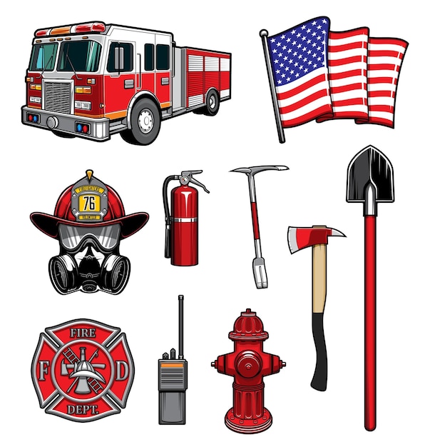 Vector firefighting vector icons firefighter labels set