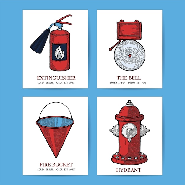 Firefighting Vintage Banner Icons of fireman tools Rescue equipment isolated Design Template