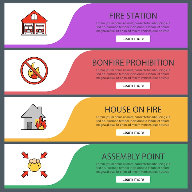Набор шаблонов пожарных веб-баннеров. пожарная часть, запрет на костры, горящий дом, сборный пункт. цветные элементы меню сайта. концепции дизайна векторных заголовков