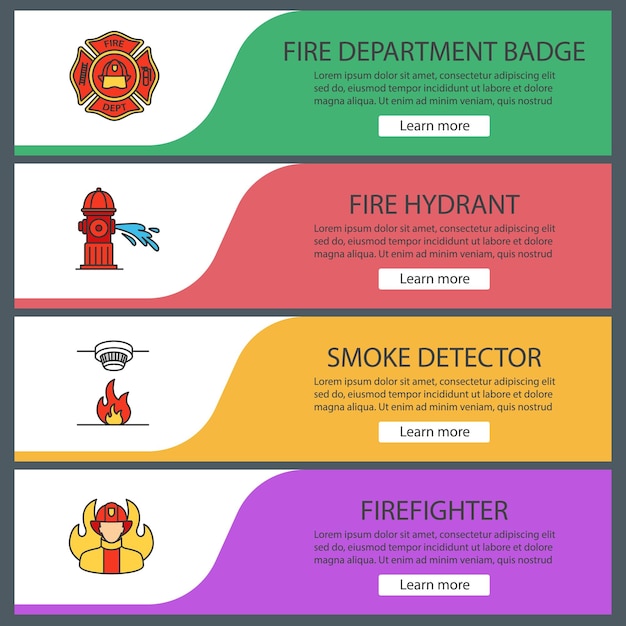 Vector firefighting web banner templates set. firefighter's badge, fire hydrant, smoke detector, fireman. website color menu items. vector headers design concepts