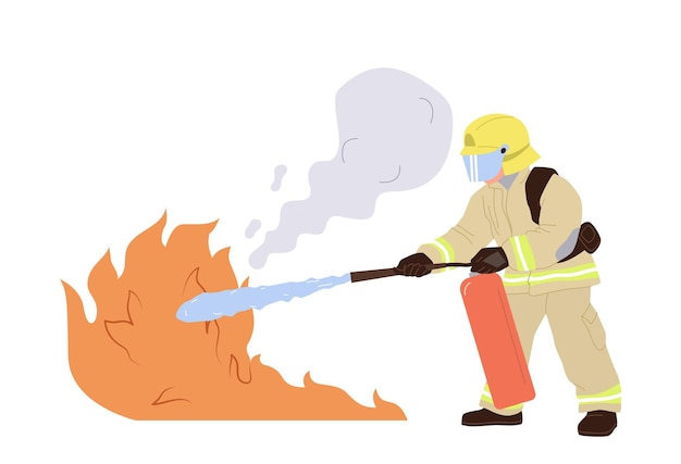 Fireman cartoon character in uniform with extinguisher putting on fire isolated on white background