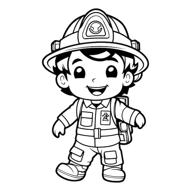 Fireman Cartoon Mascot Character Vector Illustration for Coloring Book